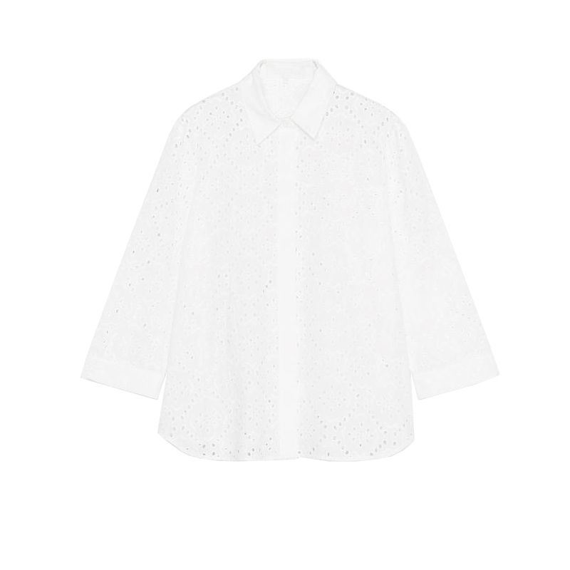 Spring New Women's Clothing Casual Single Row Multi-Buckle Cut Out Embroider Long Sleeves Lapel Shirt 4786075