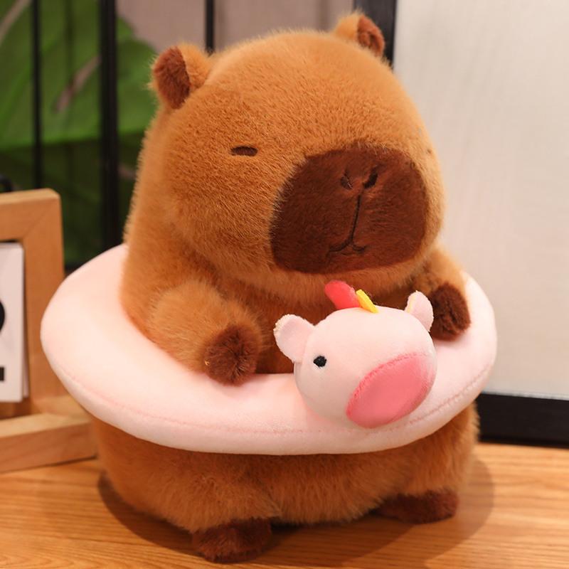 Kawaii Capybara With Hamburger Swimming Ring Plush Stuffed Toy Simulation Animal Doll Pillow Children's Toy Birthday Gift