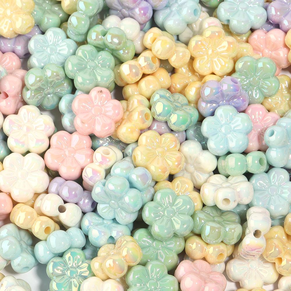 10pcs Colorful Acrylic Flower Beads Plated Color Five Petal Flower Big Hole Loose Beads For Jewelry Making DIY Bracelet Necklace