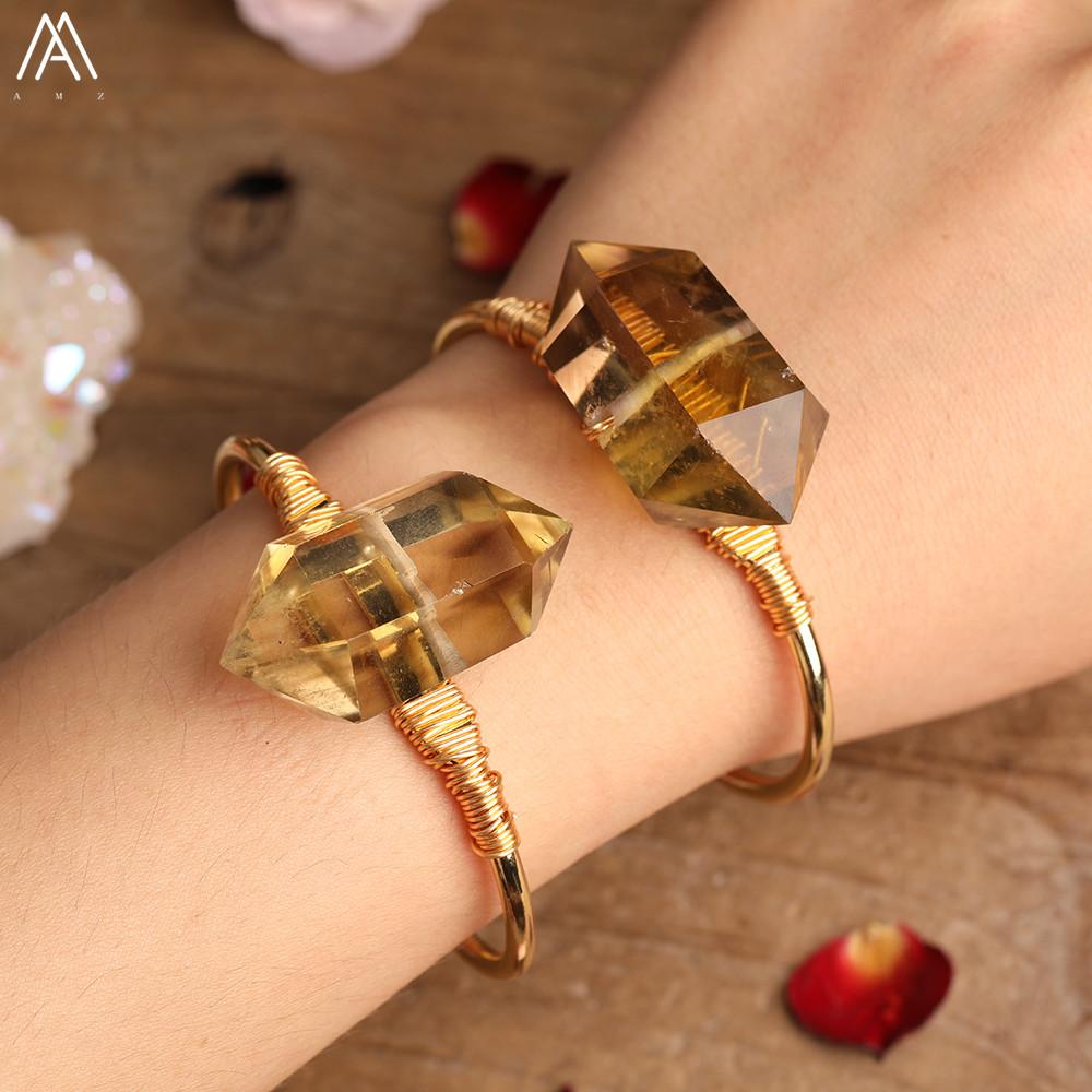 Exquisite Women Citrines Quartz Wristband Bracelet Natural Stones Gold Copper Handmade Bangle Teengirl Cuff Bracelet Jewelry