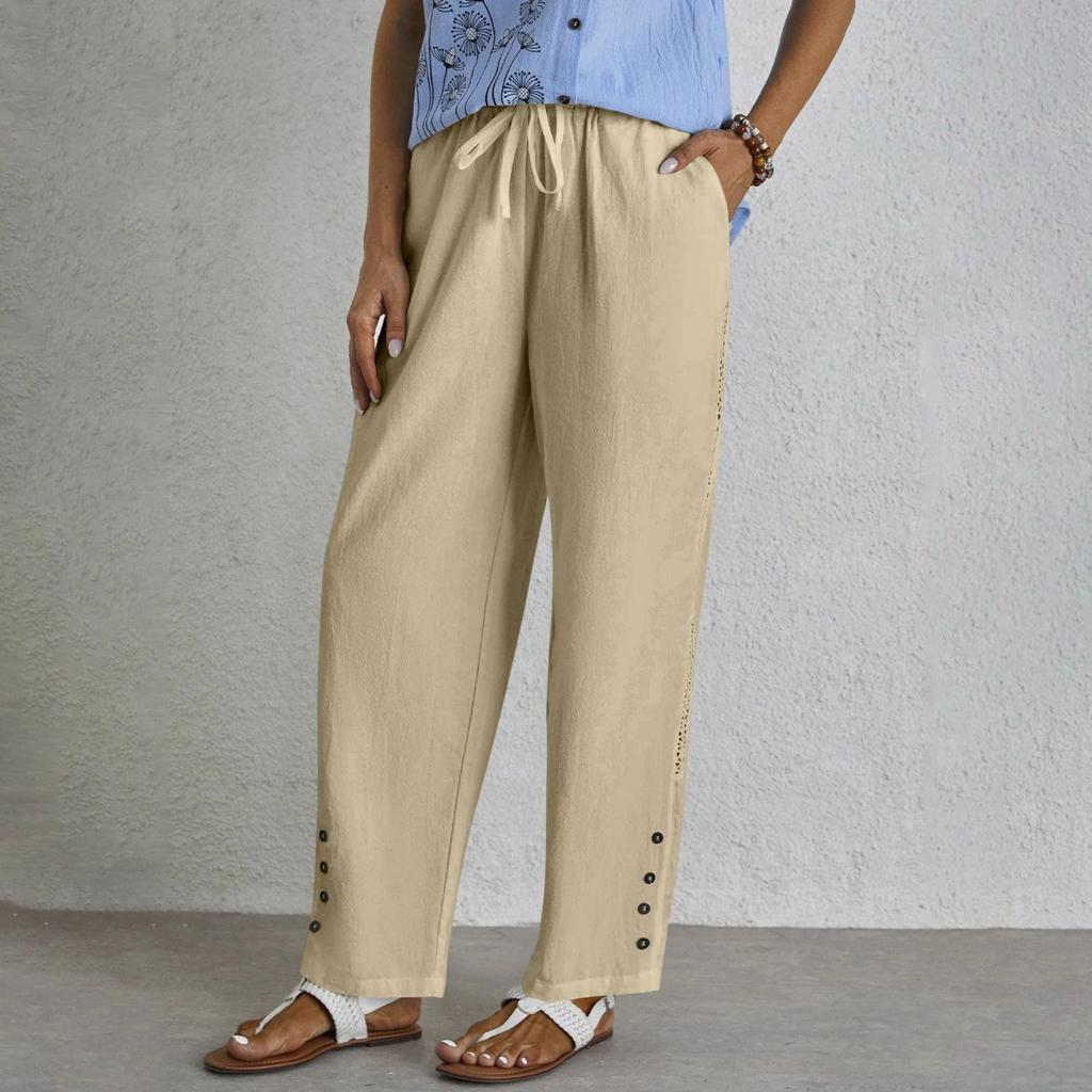 New Women's Cotton Linen Drawstring Waist Casual Pants Lace Button Detail With Pockets European American Style In Stock