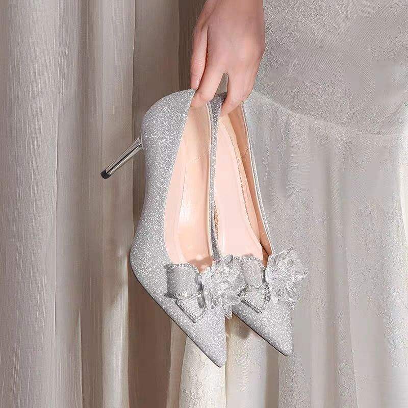 French Crystal Diamond Wedding Shoes Female Lead Wedding Dress Show Two Wear Bridal Shoes Girl Princess Banquet Versatile Stilettos