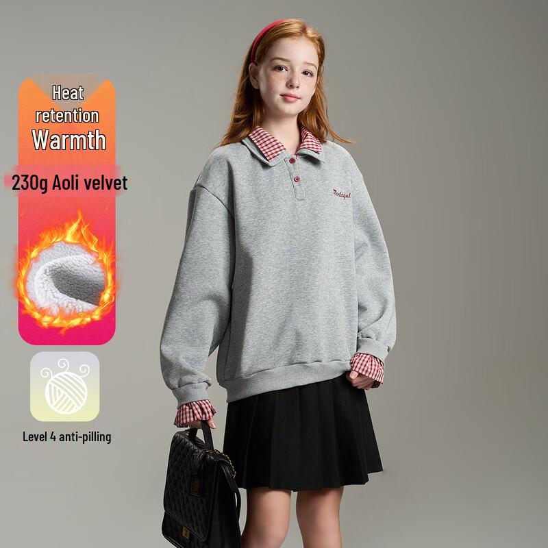 Montagut Girls  Winter Spliced Plaid Faux Two-Piece Velvet Sweatshirt 160