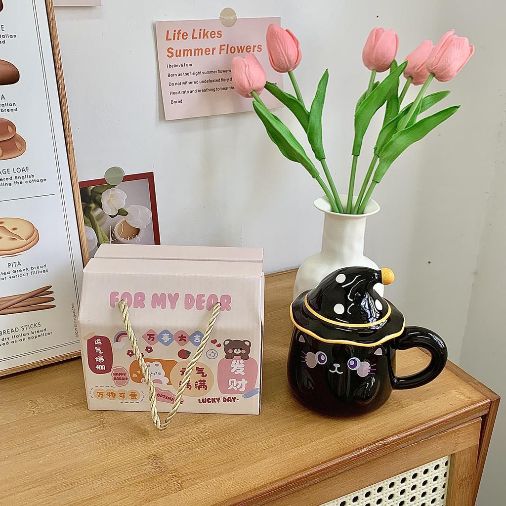 Cat mug with lid Ceramic cup Girls water cup Office coffee Breakfast cup Birthday gift souvenir