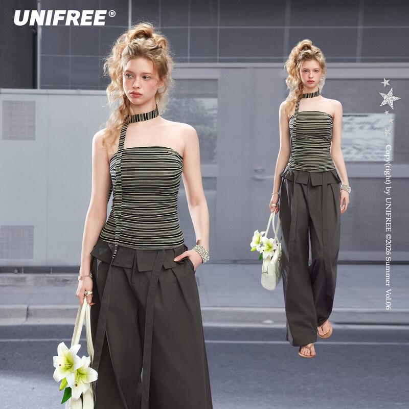 UNIFREE Retro Striped Halter Bandeau Top with Scarf One Size