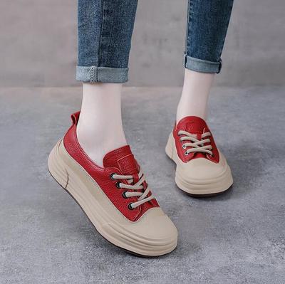 Genuine Leather Casual Flats Shoes Women Spring New Round Toe Lace-up Soft Bottom Leisure Vulcanize Shoes