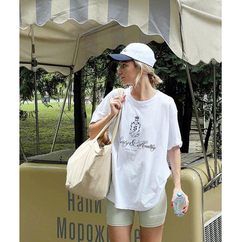 Sporty Small Crown Logo Print American Retro Fashionable Sense Girl Casual Shoulder Sports Short Sleeve T-shirt