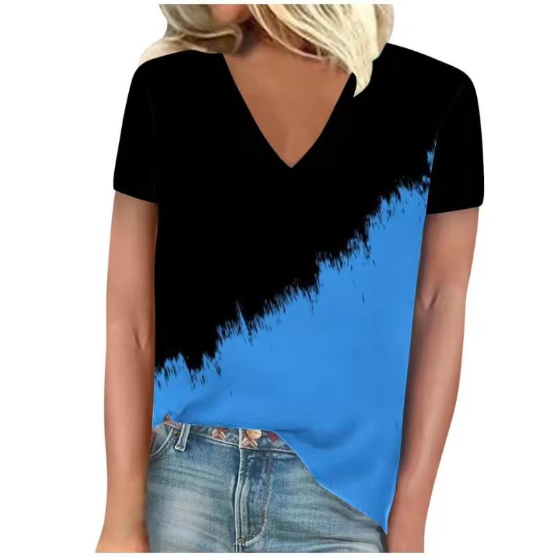T-shirt Women's Summer Casual Elegant V-neck Short Sleeve Simple Gradient Pattern 3D Top Loose Casual Wear Ladies T-shirt