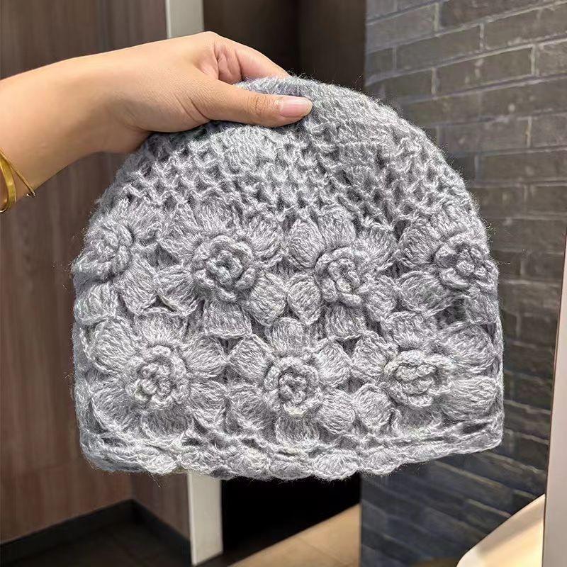 Double Layer Handmade Pullover Hook Flower Hat, Autumn and Winter Flower Knitted Yarn Hat, Warm Hollow Stacking Hat