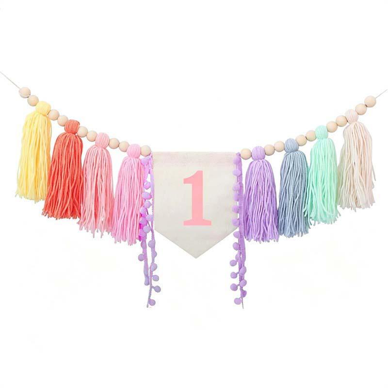 Bohemian Wooden Bead & Tassel Banner for Children's 1st Birthday Party Decor