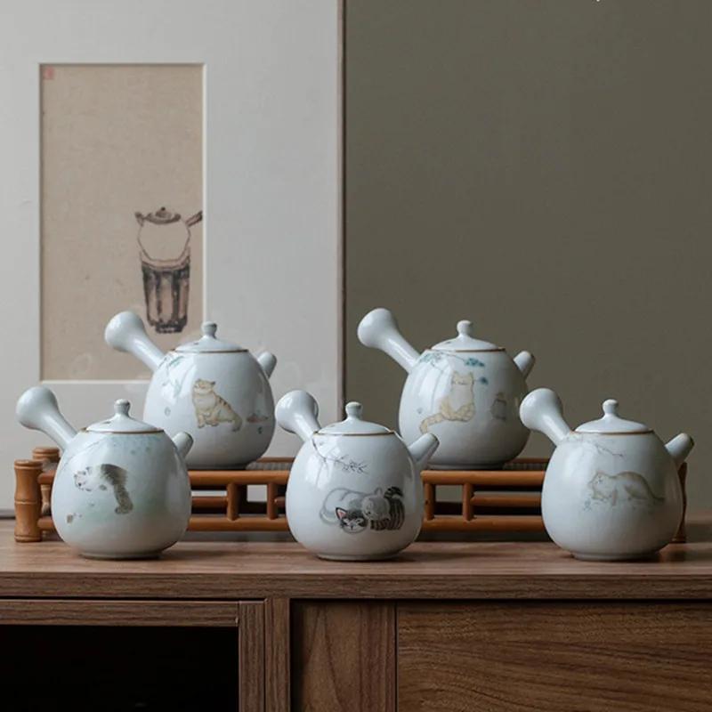 230ml Chinese Ru Kiln Side Handle Teapots Handmade Cute Cat Pattern Ceramic Kettle Travel Portable Filter Tea Pot Home Tea Set