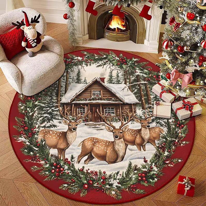 1 PC Christmas Faux Wool Round Rug - Non-Slip Stain Resistant Living Room Bedroom Carpet