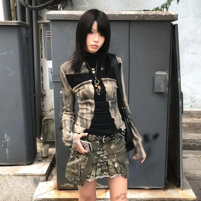 Japanese Y2k Ribbed Tops Vintage Harajuku Cross Print T-shirt Grunge Aesthetics Long Sleeve Patchwork Tops Trashy 2000s