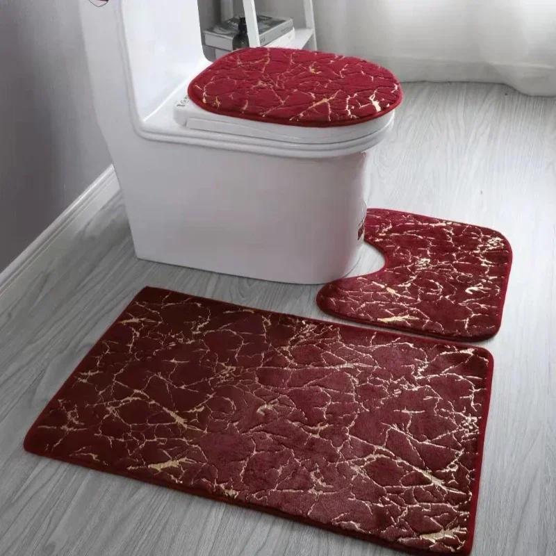 3pcs Set Flannel Carpet Bathroom Floor Pat Toilet Stripe Printing Anti Slip Wear-resistant Mats Bathroom Shower Rugs Toilet Mat