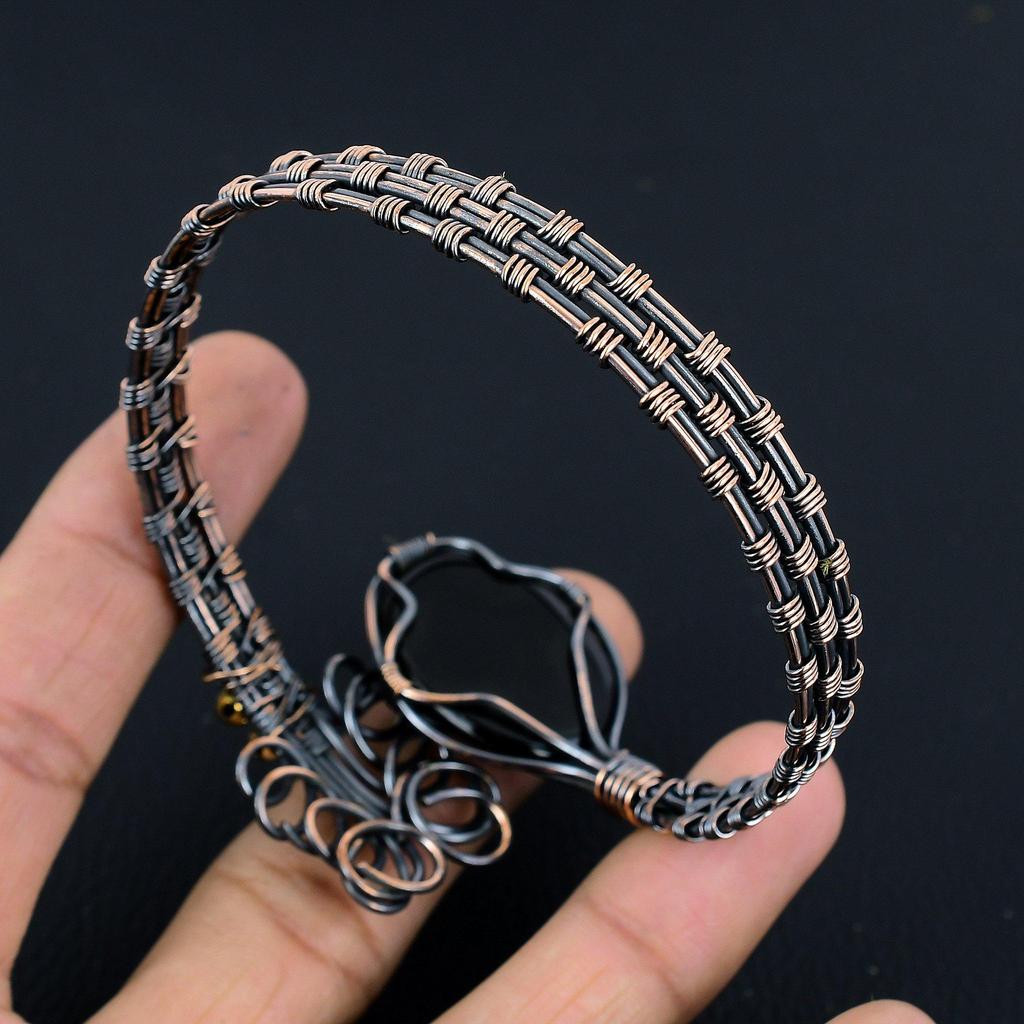 Black Onyx Bangle, 999 Copper Wire Wrapped Gemstone Jewelry, Handmade Bangle For Thanksgiving