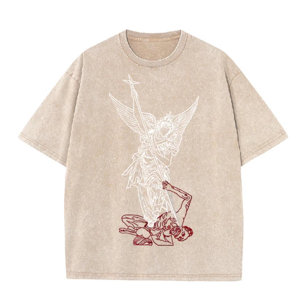 2026 Vintage Line Art Archangel Spear Demon Graphic Black Acid Washed T Shirt Retro Religious Angel Streetwear Casual Oversized