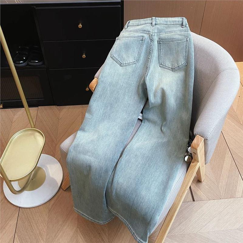 Women's Light Blue High Waist Plus Velvet Wide Leg Jeans, Winter 2025, Loose Fit, Thickened Slimming, Plus Size, Straight Leg.