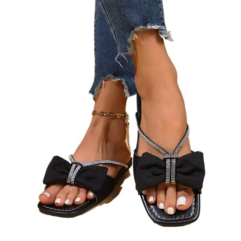 Plus Size 2025 Summer New Women's Square Toe Low Heel Bow Tie Crystal Slippers Wide Fit Outdoor Dress Casual Elegant Sandals