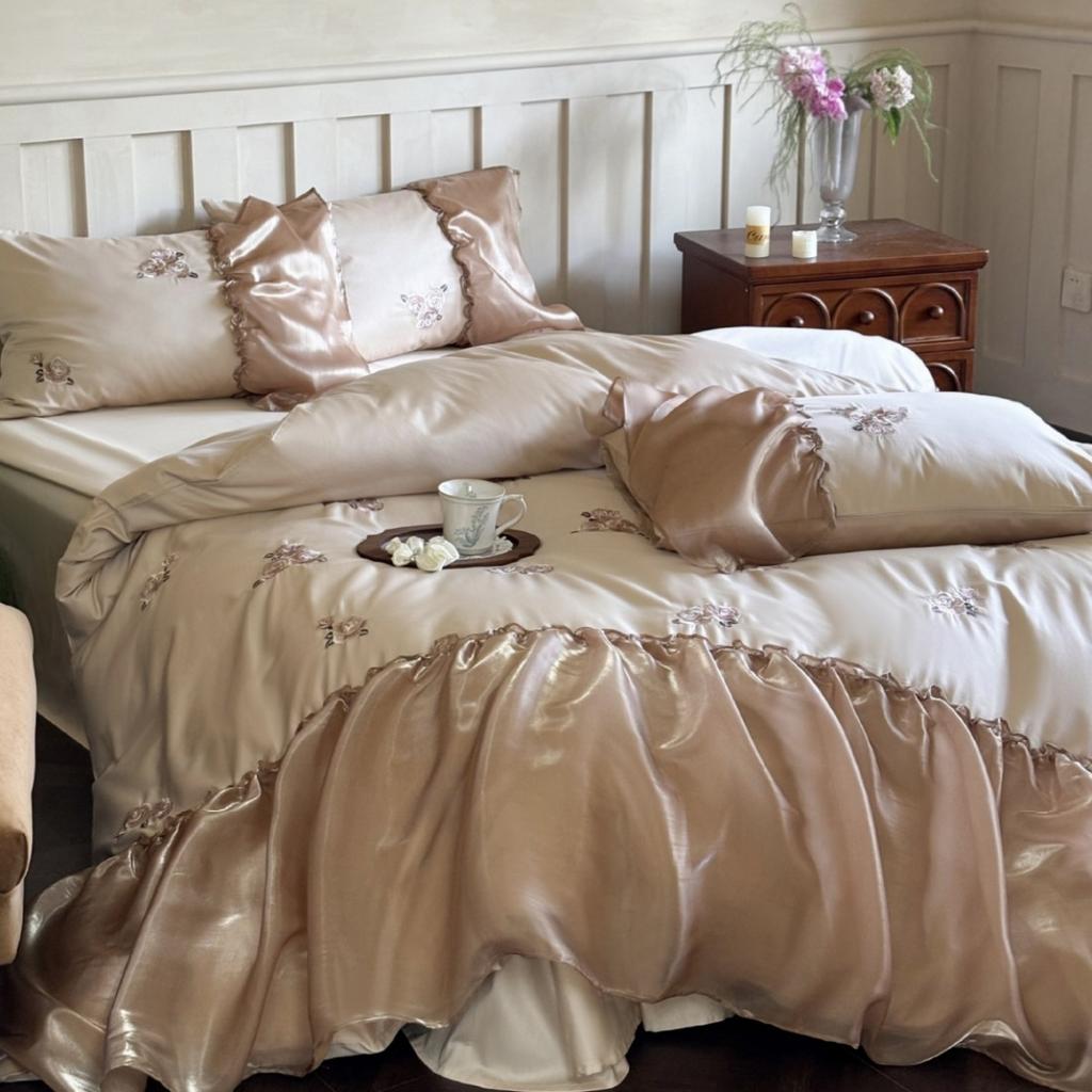 Four-piece Set of Pure Cotton Bedding, French Rose Embroidered Lace, Skin-friendly and Breathable Quilt Cover, Bed Sheet Pillowcase Set.