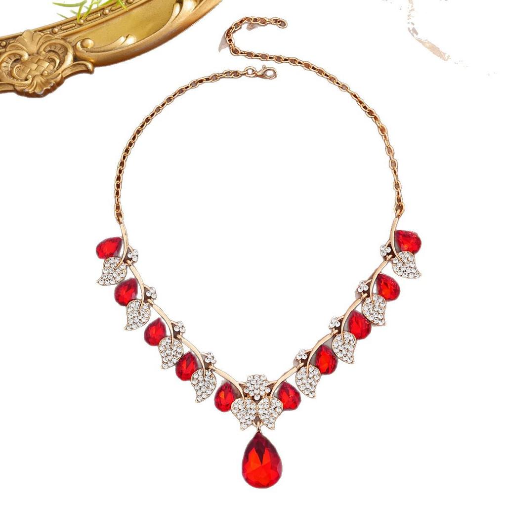 Retro Ethnic Water Drop Gem Necklace & Leaf Jewelry Set for Women