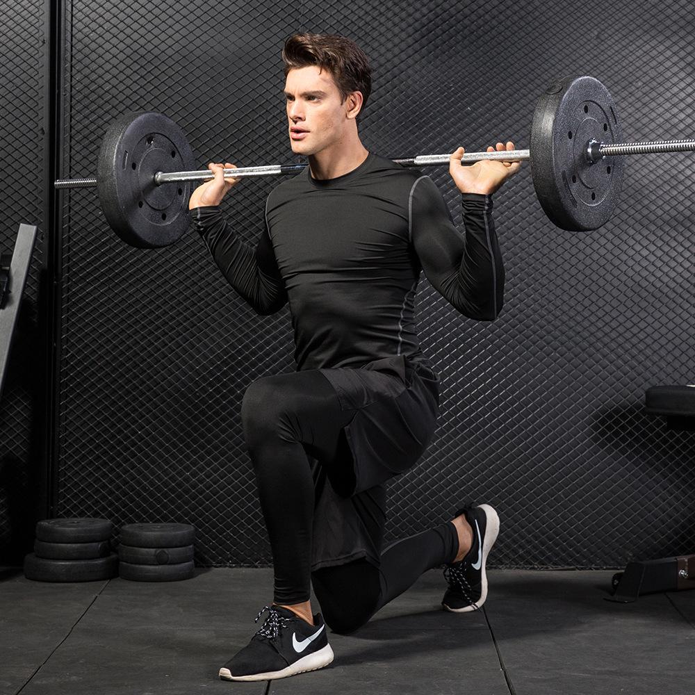 Men's Quick-Dry Sweat-Wicking Fitness Set: Long-Sleeve Top with Fake Two-Piece Design & Long Pants (1019+7010)