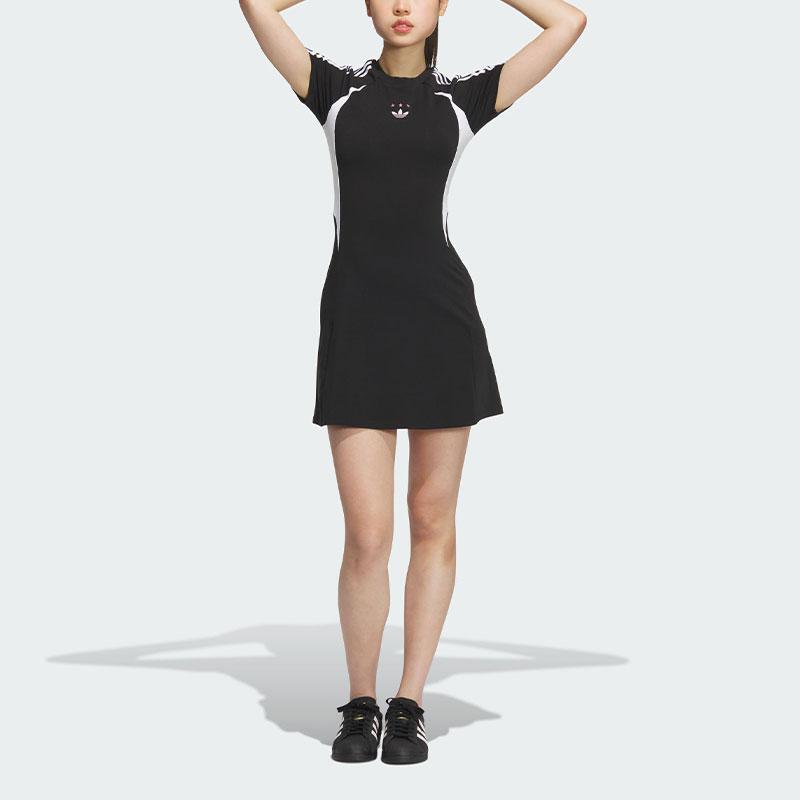 Adidas Originály Ss24 Žerzejové šaty s krátkým rukávem Pruhovaný barevný blok Sportovní Slim střih Dámské šaty Černé JD1135