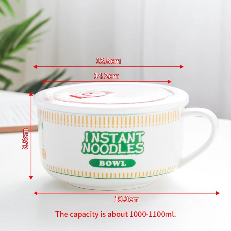 Cartoon - Printed Ceramic Instant Noodle Bowl with Lid, Single - Handle & Large Capacity Home Dormitory Bento Box Soup Bowl