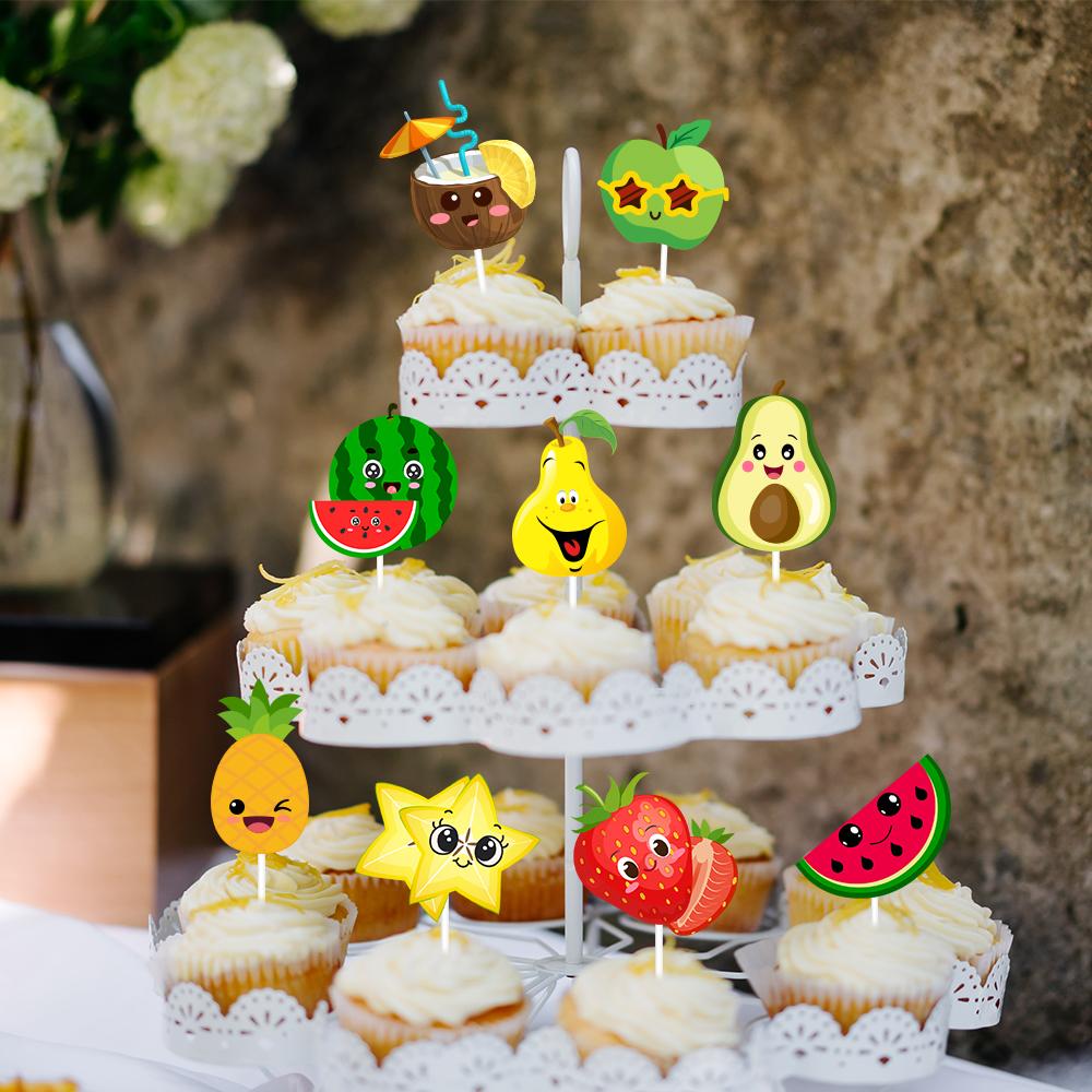 12/24 Piezas Toppers para Cupcakes de Frutas de Verano Sandía Limón Fresa Uvas Decoraciones para Pasteles Tema de Frutas Tropicales Fiesta de Cumpleaños