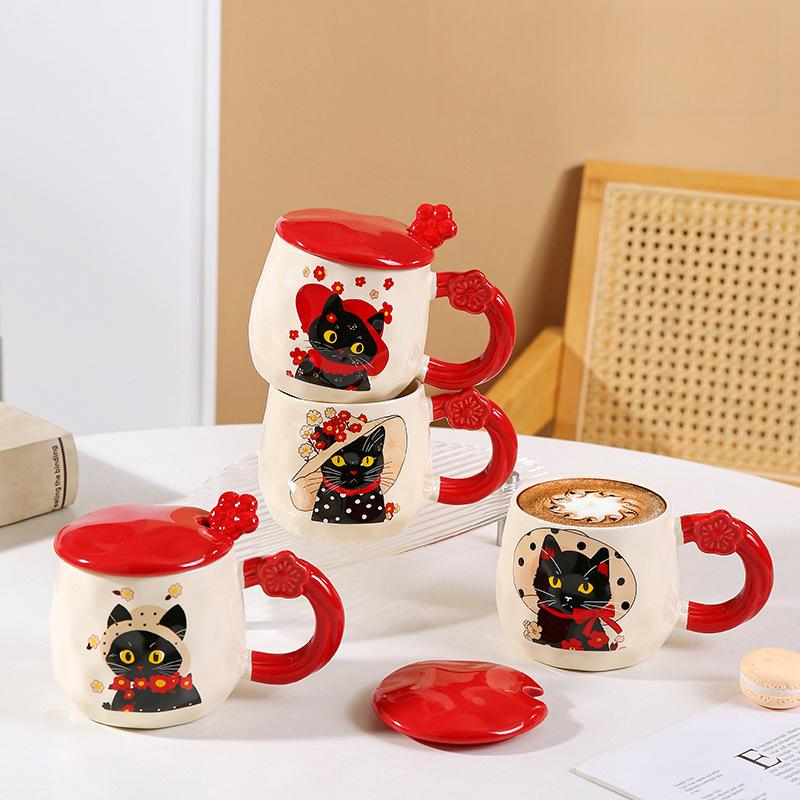 

Простой костюм мультяшного котенка с крышкой ложка сувенир керамическая чашка офисная девушка кружка милая чашка для воды 390ML