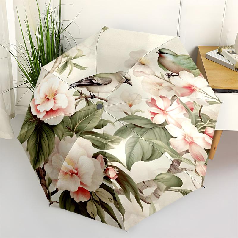 1PC Birds Flowers Umbrella-8-Rib Reinforced Portable Folding Travel Suitable for All Seasons Outdoor Daily -Z0458