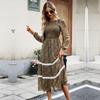 Women Autumn Winter O Neck Lantern Sleeve Lace High Waist Pleated Printed Dress