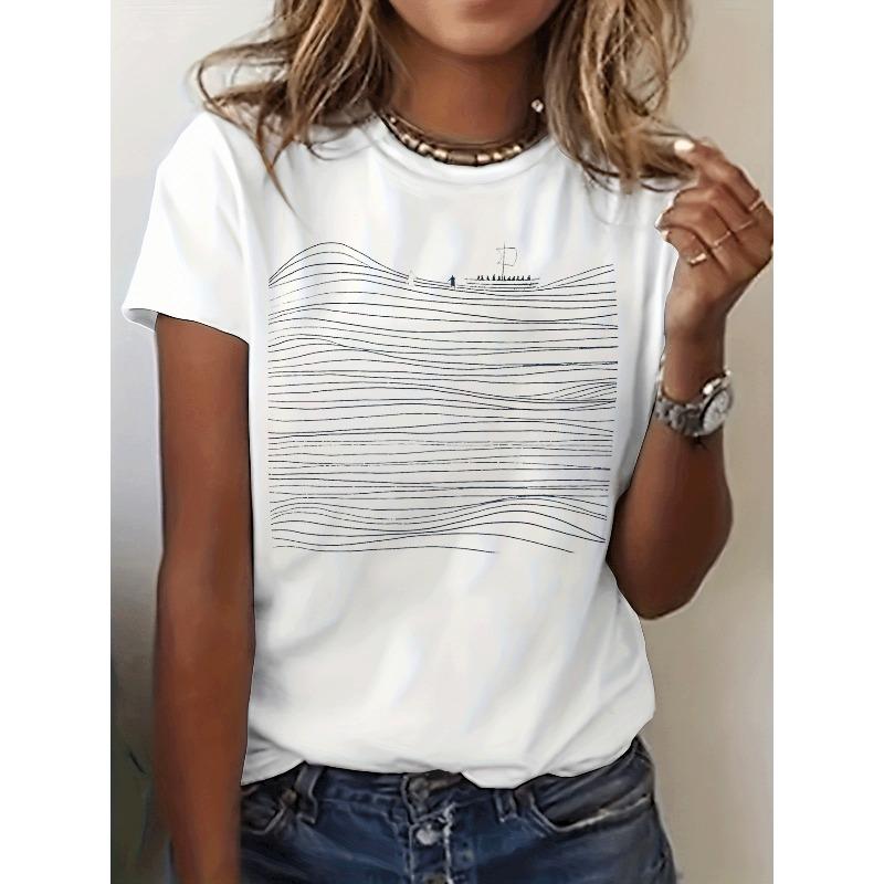 

abstract aesthetic graphic print t-shirt, short sleeve crew neck casual top for summer & spring, Women s clothing S белый