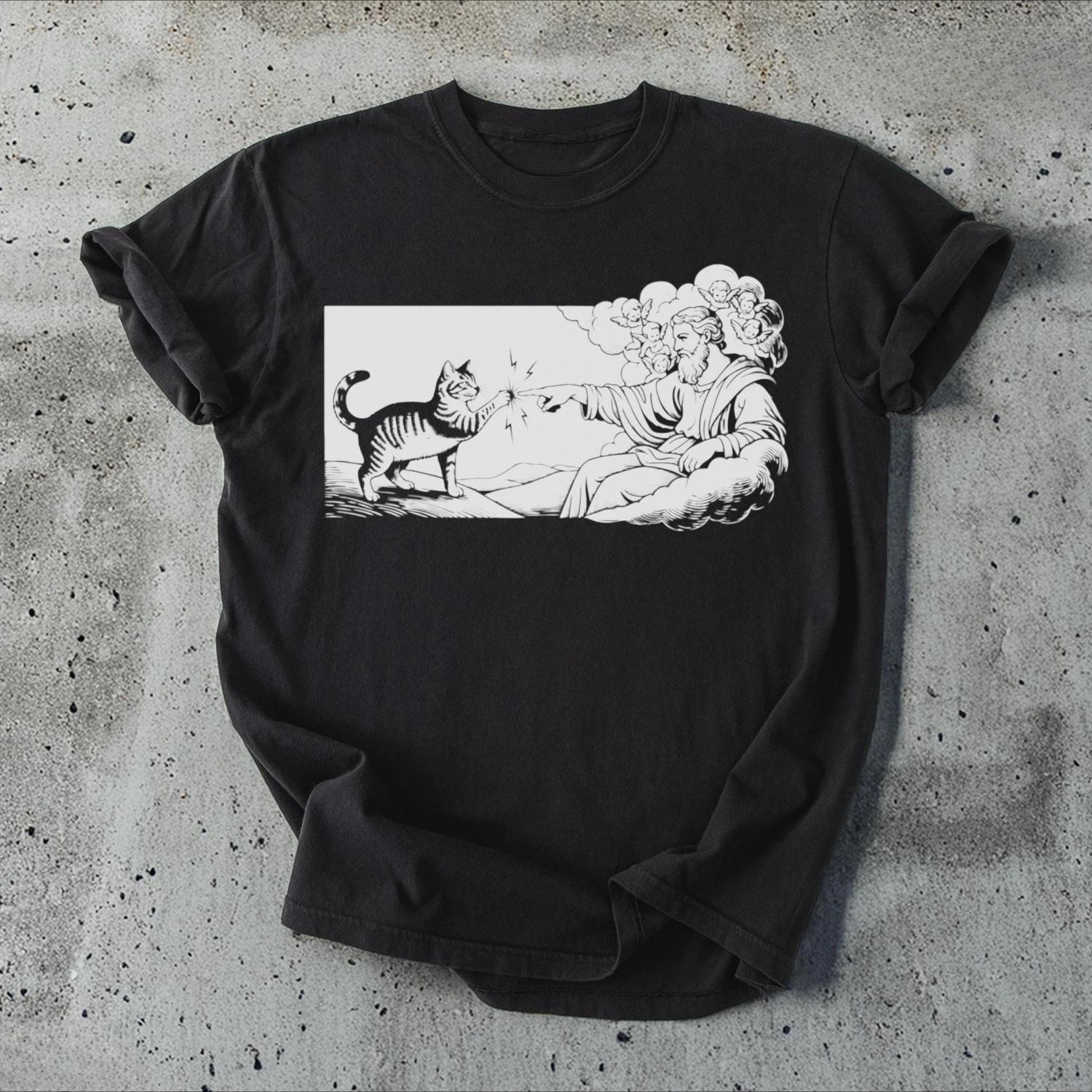 2025 Cat Creation T-Shirt Funny Cat Shirt Kitten Touching God Funny T-Shirt Cat Lover Gift Trendy T-Shirt Cool Design T-Shirt S чёрный