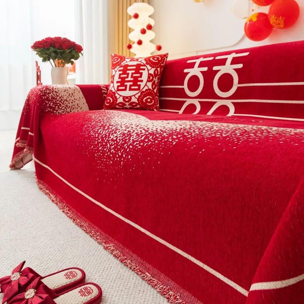 Chinese Wedding Sofa Cushion Cover Double Side Couch Cover Sofa Slipcover Universal Jubilant Anti-cat Sofa Cover 1.2.3.4 Seat