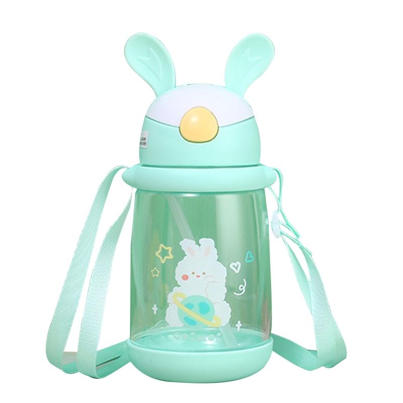Kids Children School Drinking Water Straw Bottle Cartoon Bunny Straw Baby Cup with Shoulder Strap Water Bottle
