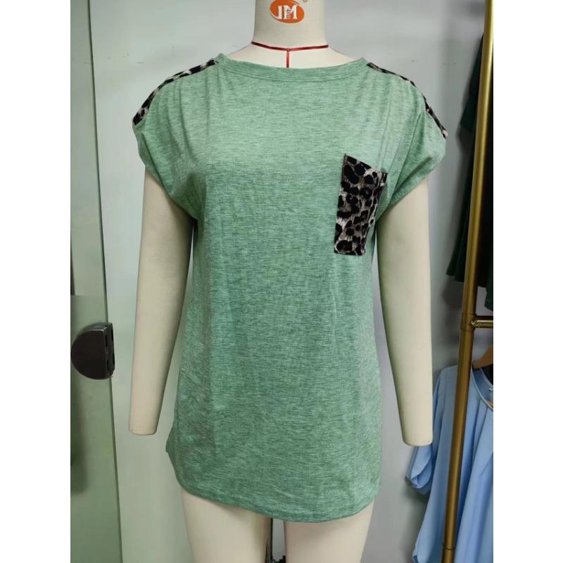 Summer Women's T-shirt Crew-neck Patchwork Leopard Pocket Short Sleeve Casual T-shirt Top