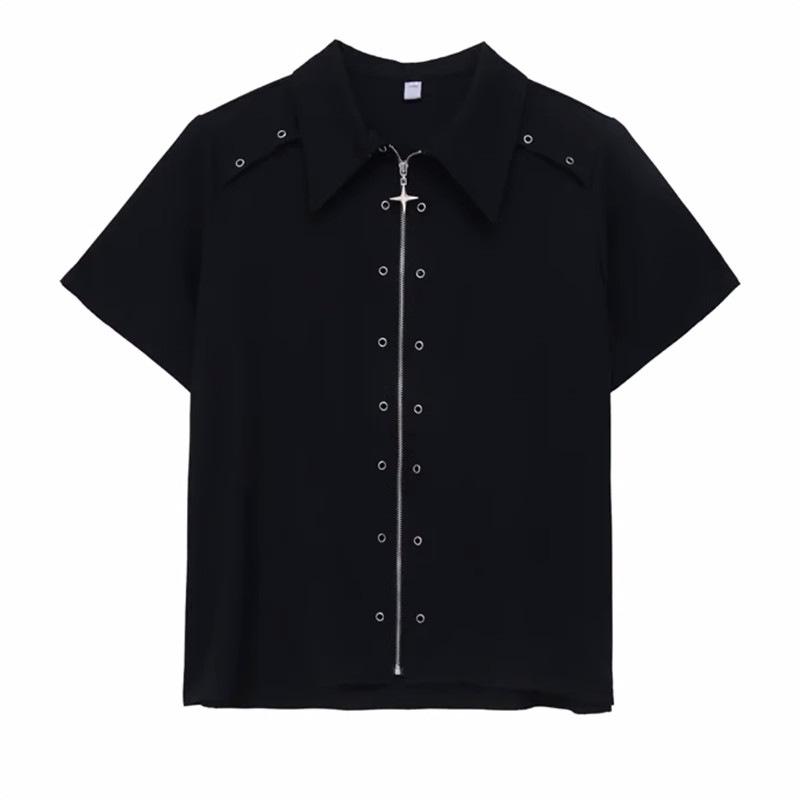 "Black Unisex Retro Yuppie Zipper Short-Sleeve Shirt - Trendy Loose BF Style"
