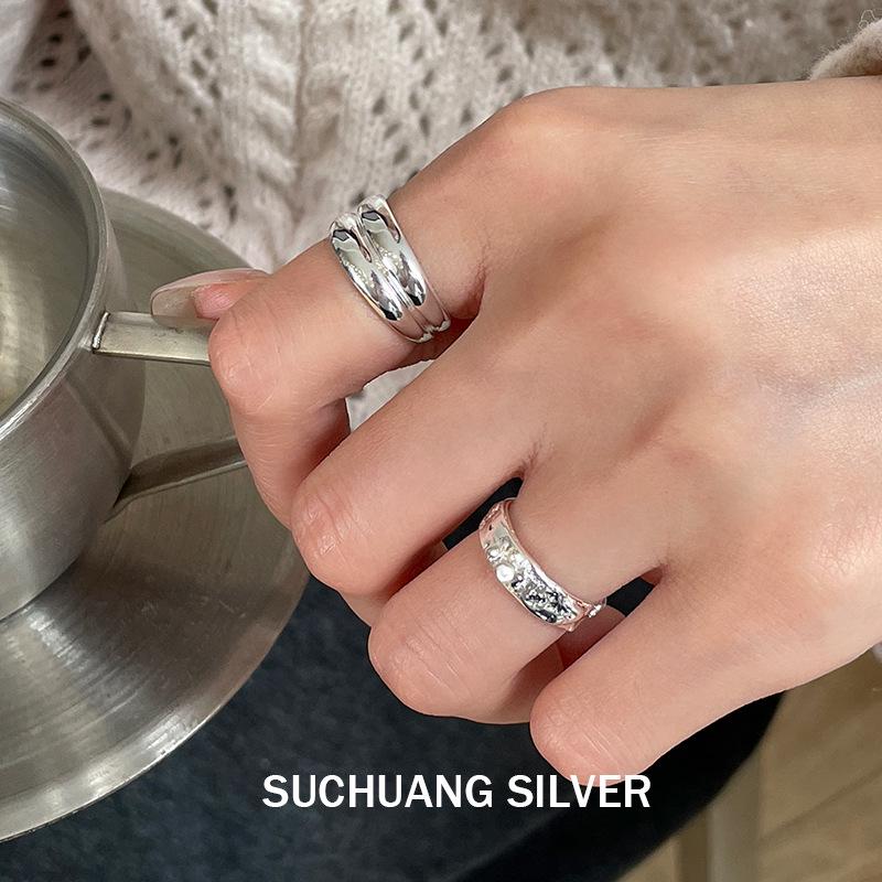 Su Chuang S925 Sterling Silver Textured Open Ring for Women - Versatile High-End Stacking Design