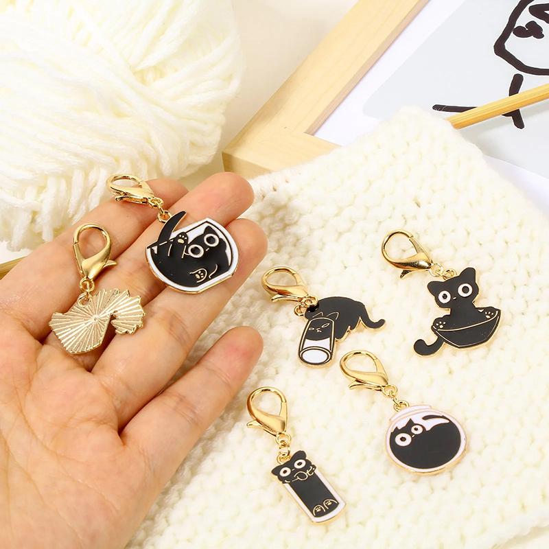 6 Pcs/Set Zinc Based Alloy & Iron Based Alloy Knitting Stitch Markers Black Cat Animal Crochet Latch For Diy Craft Tool