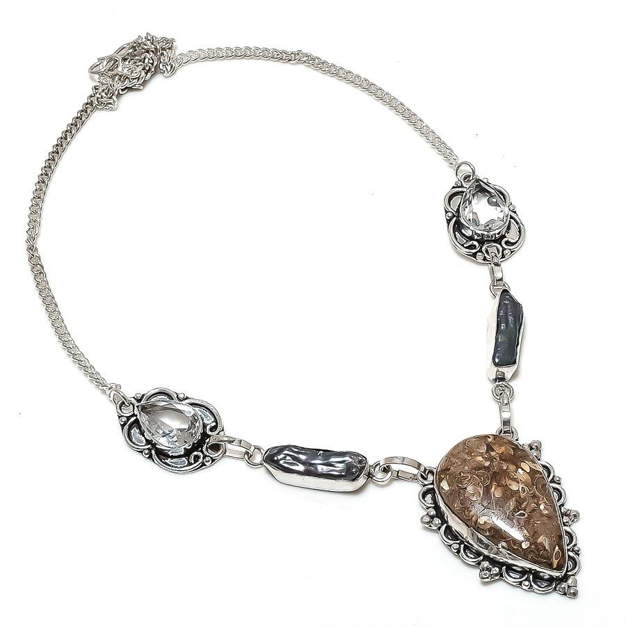 

Natural Turritella Fossil, Pearl 925 Sterling Silver Jewelry Necklace 18 e1S06