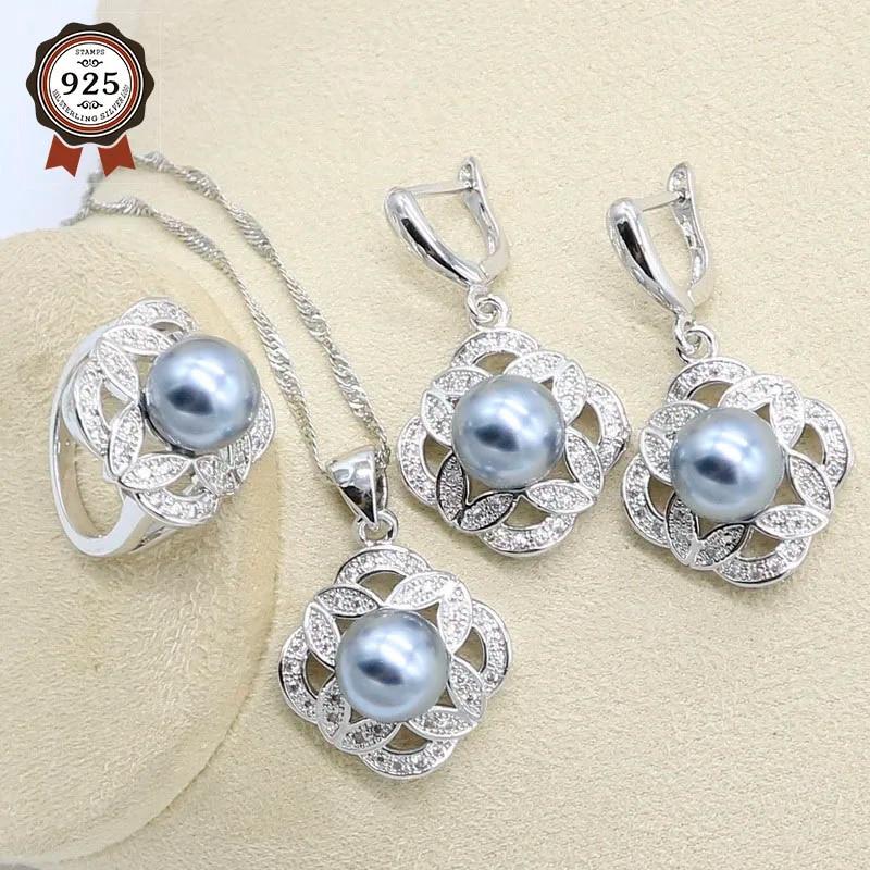 

Gray Freshwater Pearl Silver 925 Wedding Jewelry Set for Women Earring Necklace Pendant Ring Birthday Gift