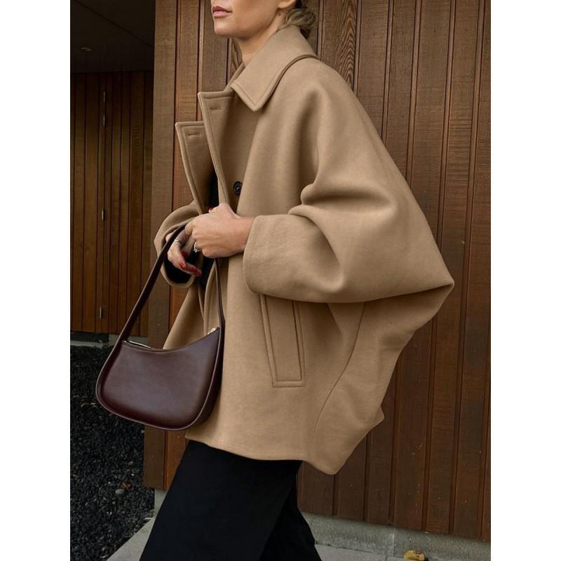 Womens Wool Blend Oversized Turn-Down Collar Batwing Sleeve Cardigan Coat - Classic Office Chic