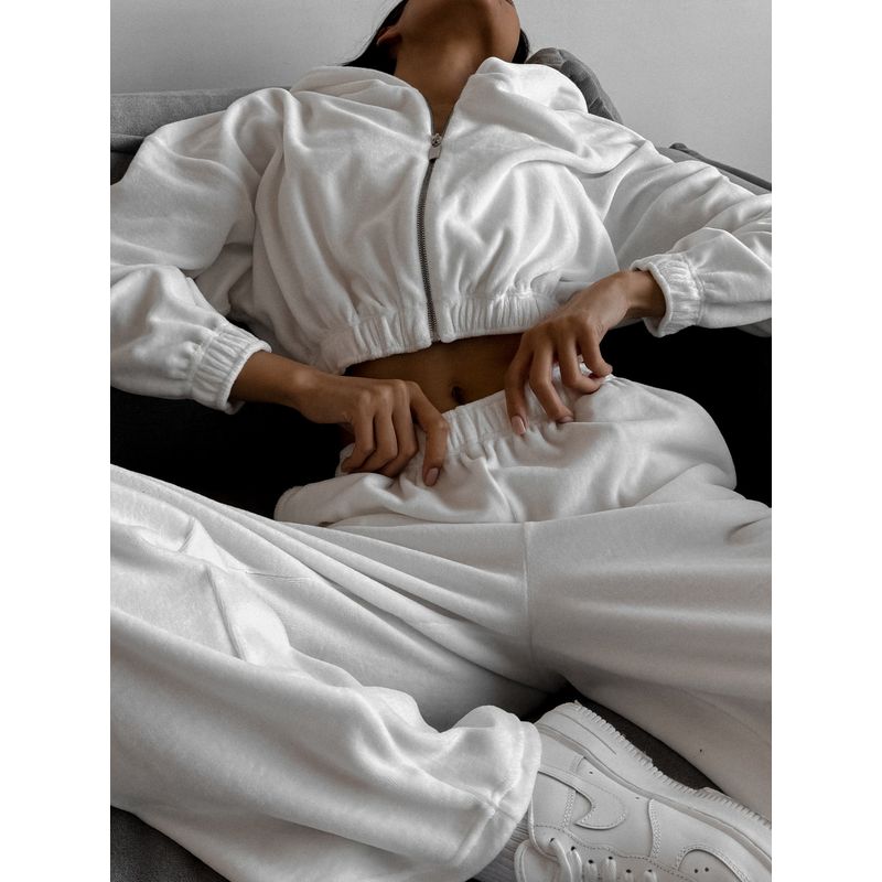 

Zipper Hooded Sweatshirt and Pants Set Zip-up Hoodie Trousers Set White XL