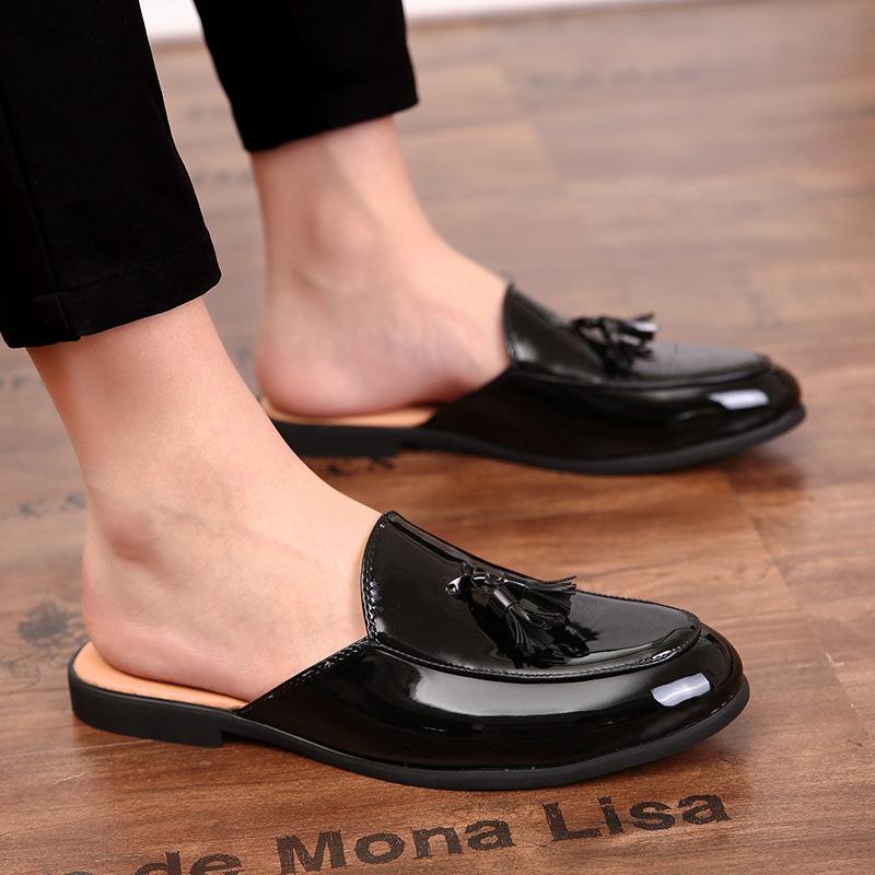 Men's shoes large size fitting room casual shoes fashion foot half drag leather shoes trend hair stylist one foot shoes