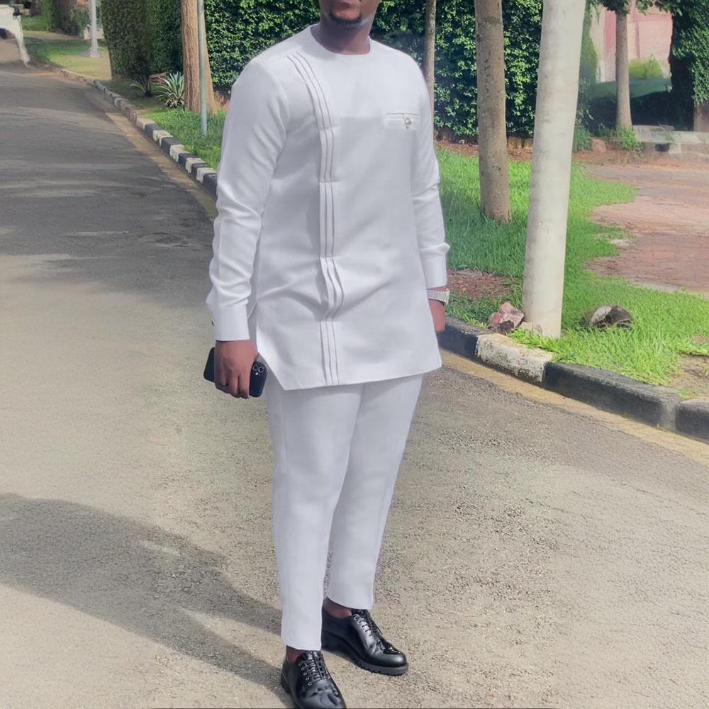 Men's Casual Two-Piece Set: Solid Color, African Ethnic Style