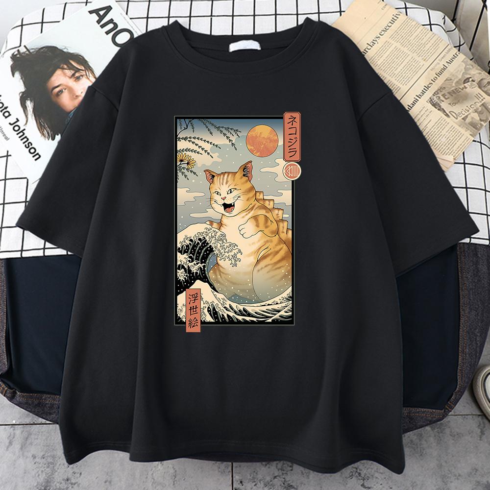 

Японские футболки с принтом Ukiyo-E, мужская одежда с изображением огромного кота, повседневная футболка в стиле Харадзюку, женские свободные футболки большого размера, топы
