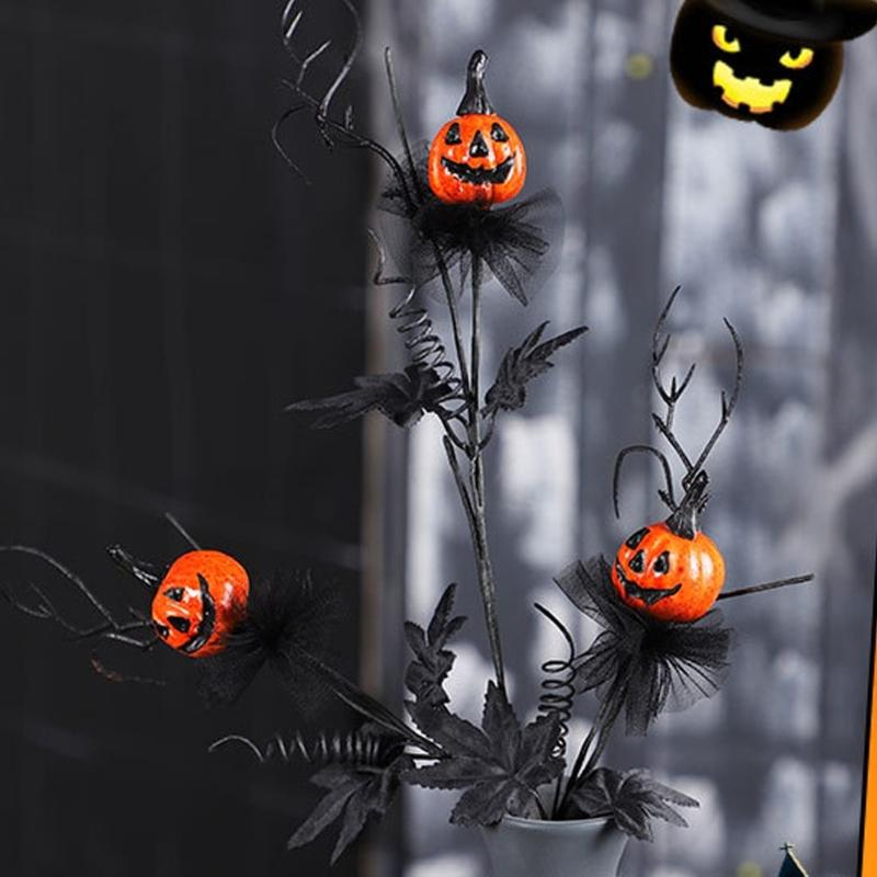 Halloween Plant Arrangement Realistic Flower Stem with Artificial Pumpkin and Black Leaf for Party Table Centerpieces