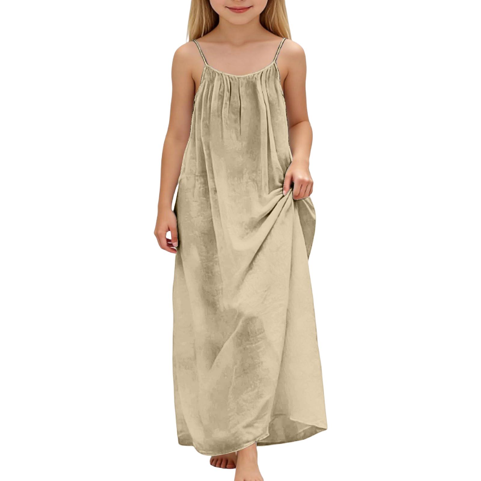 Children s Casual Round-Neck Sleeveless Backless Cotton-Linen Long Dress 100