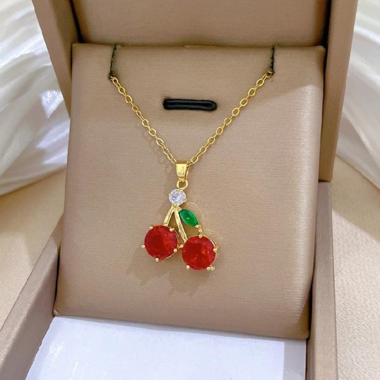 Vibrant Zircon Cherries Pendant Necklace Fashionable Cherries Designs Necklace Zircon Pendant Neckchain For Women