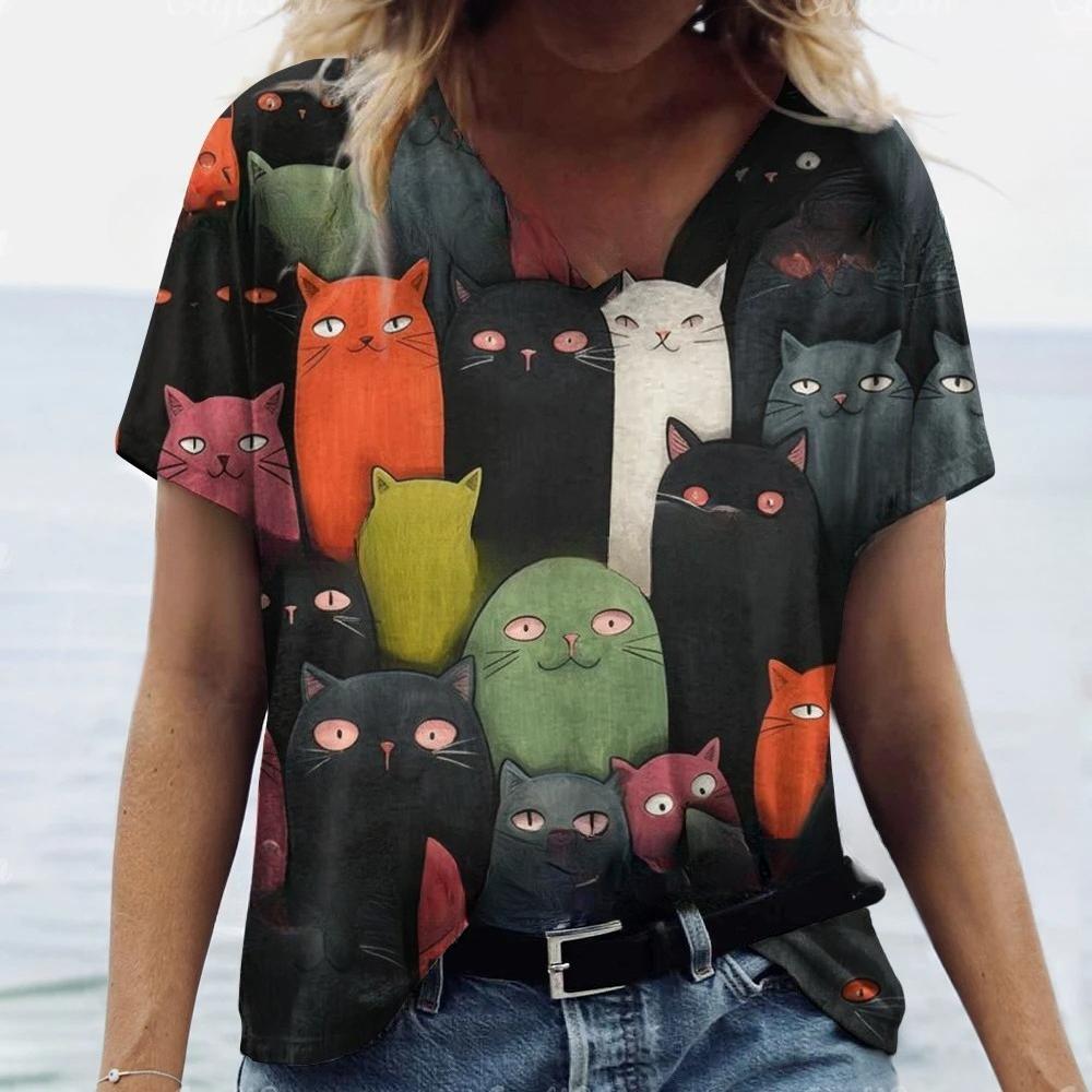 T-Shirts Women's Fashion T-Shirt Cat Print Casual Comfort Short Sleeve Crew Neck Pullover Clothing